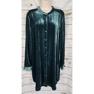 Eileen Fisher Green Velvet Shirt Dress L Rayon Silk Blend Button Mandarin Womens